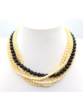 Vintage Mid Century Cream & Black Multi Strand Choker Ornate Clasp Necklace